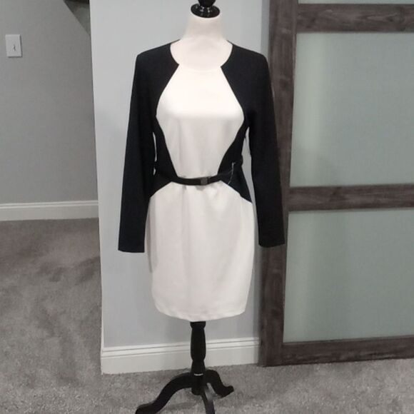 DKNY Cream & Black Color Block Midi Sheath Dress With Round Neck Size 8 NWT - Picture 4 of 5